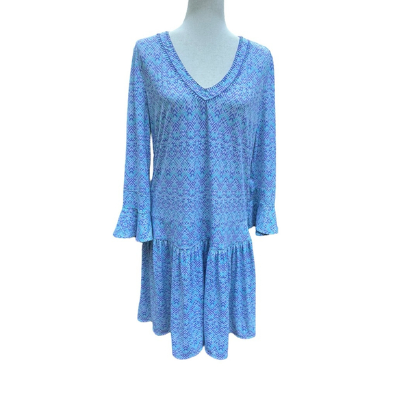 Cabana Life XL Blue Print Dress V-Neck Flounce Sleeves UPF Cover Up - Picture 13 of 13